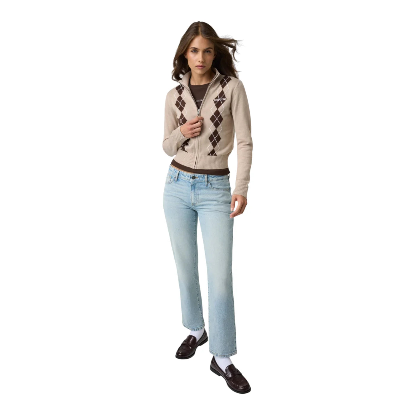 Maglione con zip e lavorazione intarsiata donna beige guess - maglie