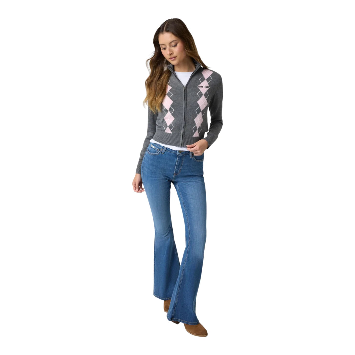 Maglione con zip e lavorazione intarsiata donna grigio guess - maglie