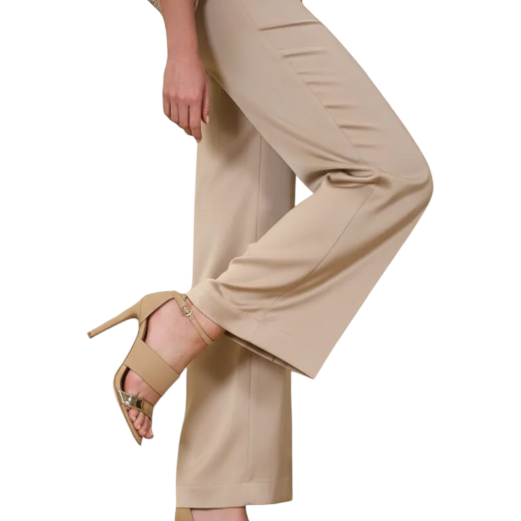 Paantaloni donna beige PDK in tessuto liscio e sartoriale con pieghe verticali sottili sul lato esterno