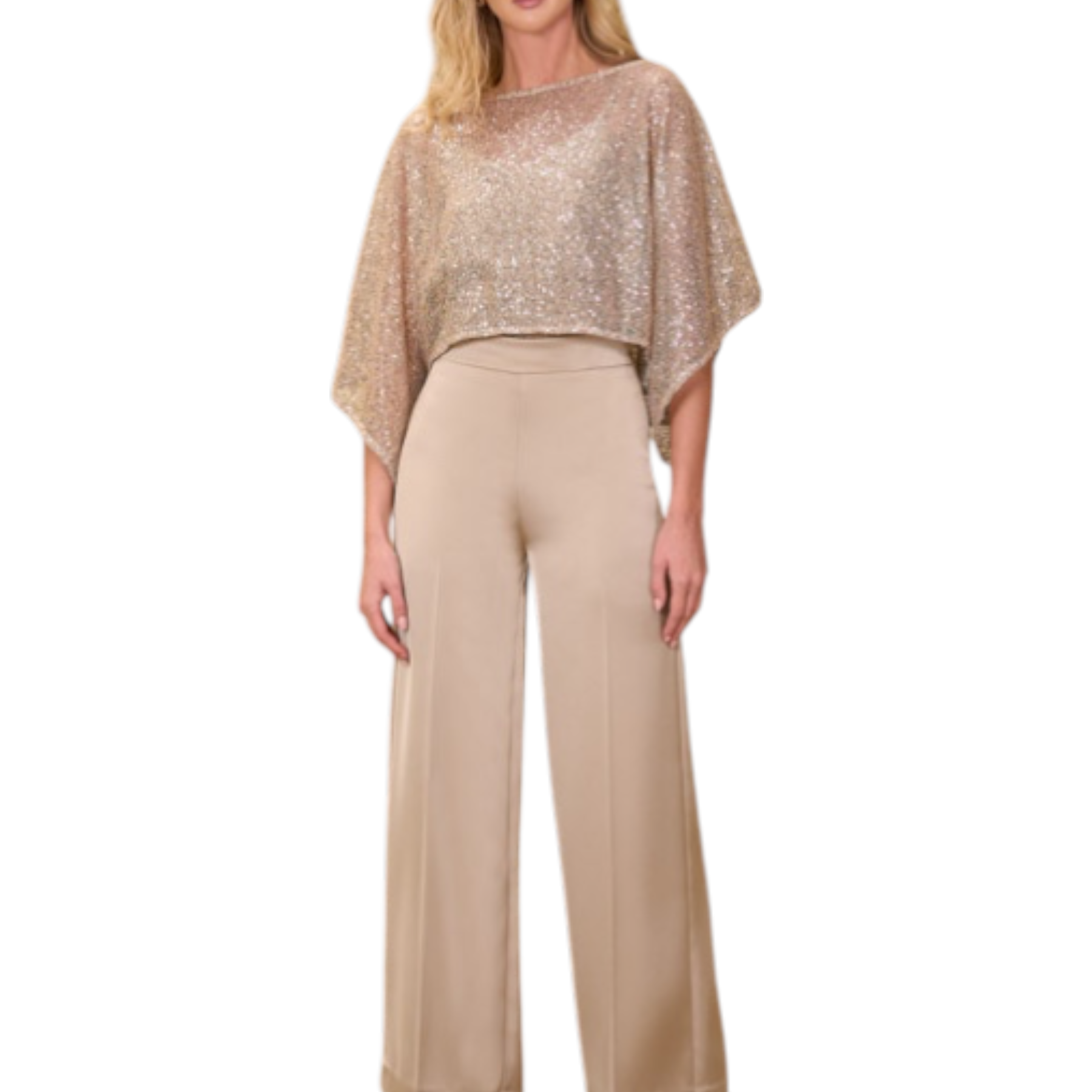 Paantaloni donna beige pdk con top mantella beige con paillettes e maniche larghe abbinati a pantaloni vita alta