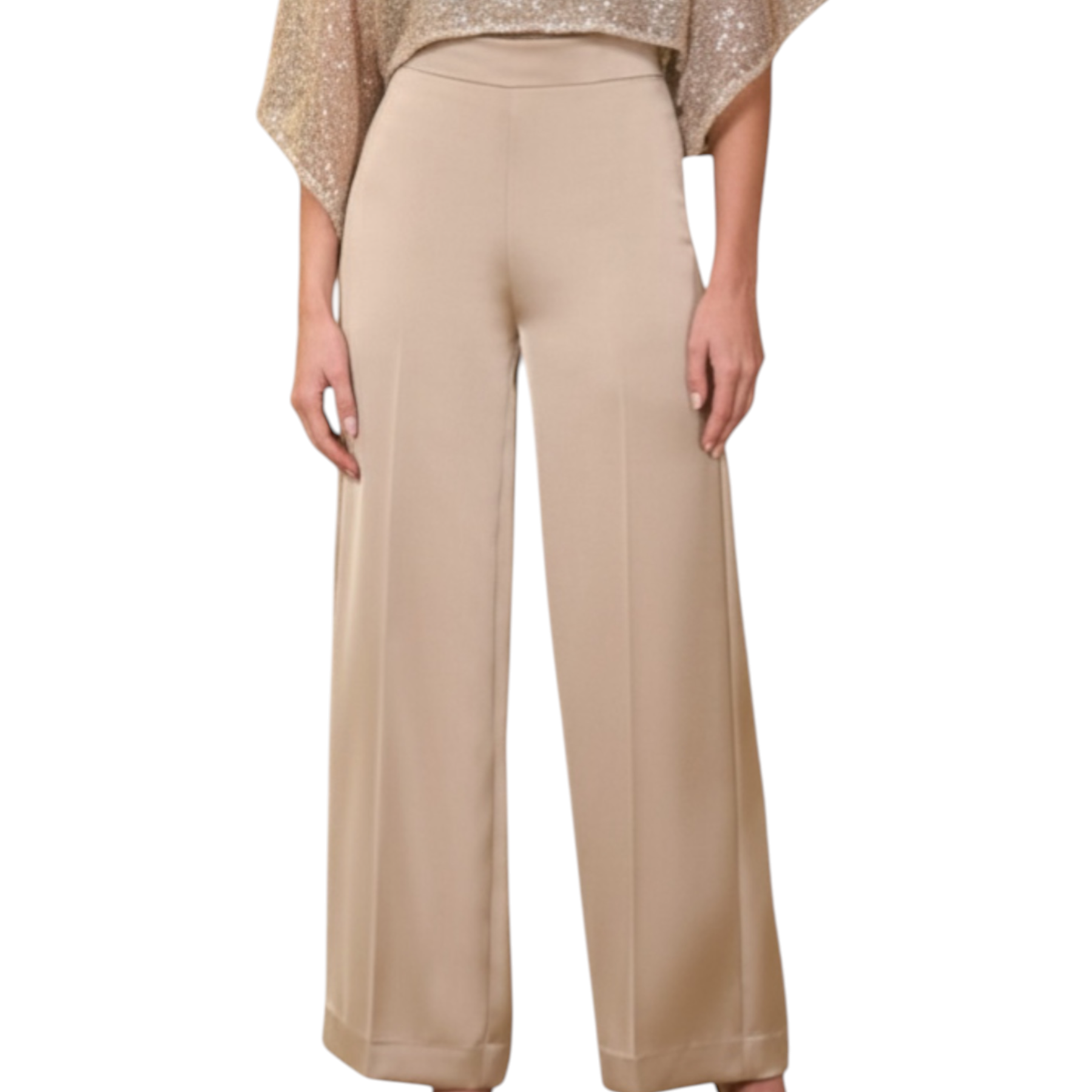 Paantaloni donna beige pdk in raso a gamba larga con caduta fluida e cuciture verticali discrete