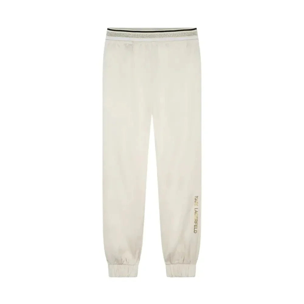 Pantaloni bambina karl lagerfeld in cotone color crema con logo ralph lauren ricamato sulla gamba sinistra