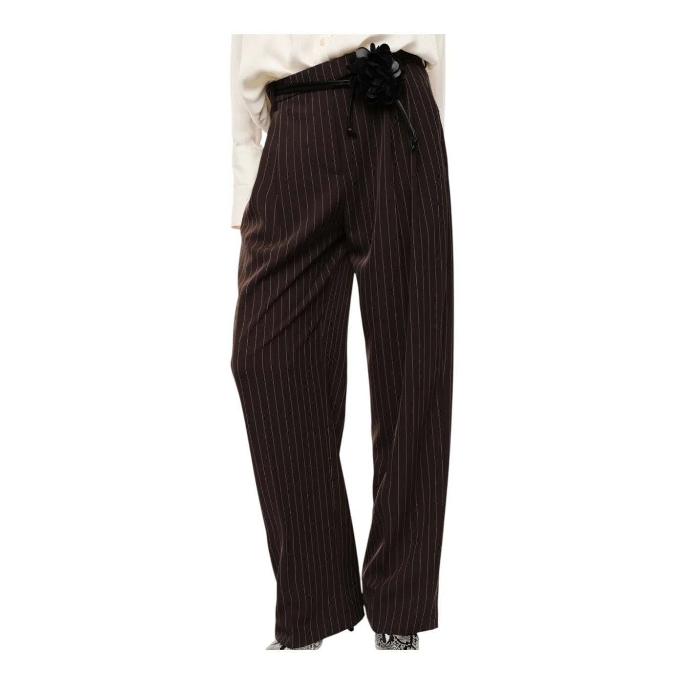 Pantaloni palazzo a righe con cintura fiore donna marrone imperial