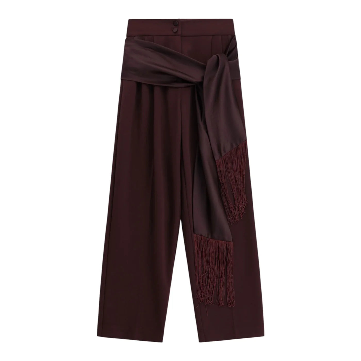 Pantaloni palazzo a vita alta con frange donna bordeaux imperial