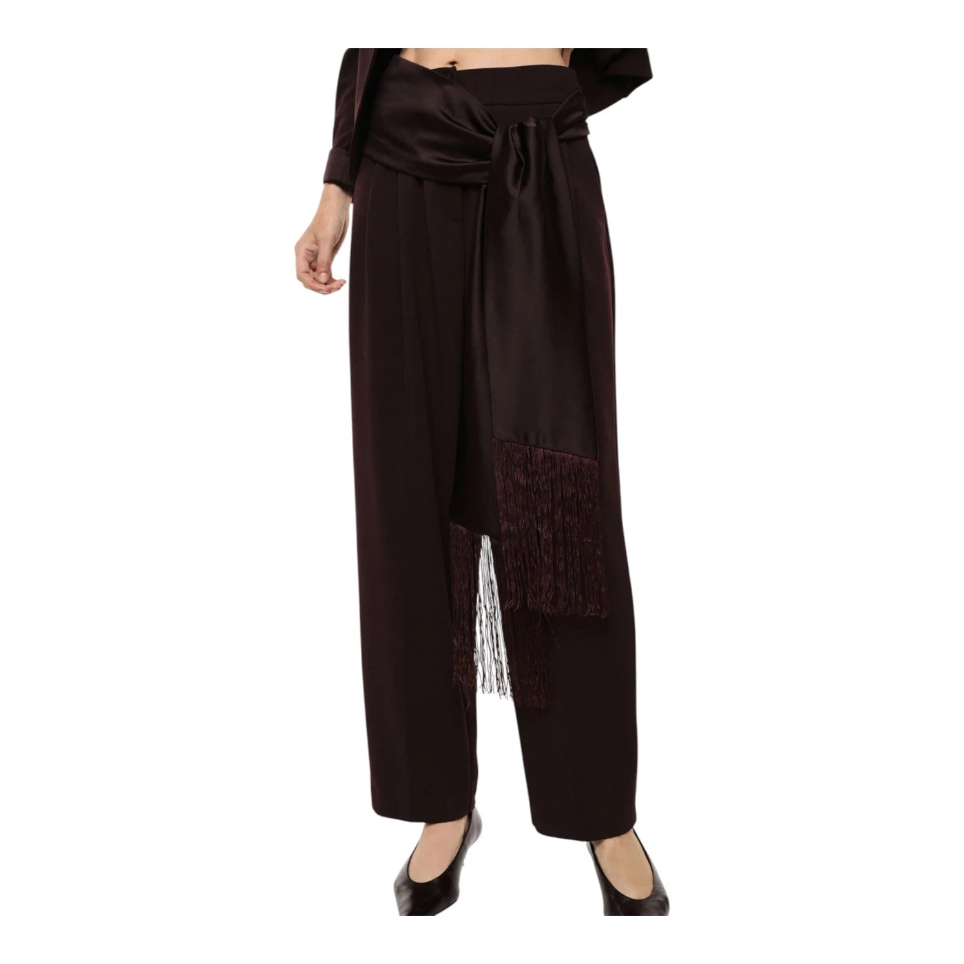 Pantaloni palazzo a vita alta con frange donna bordeaux imperial