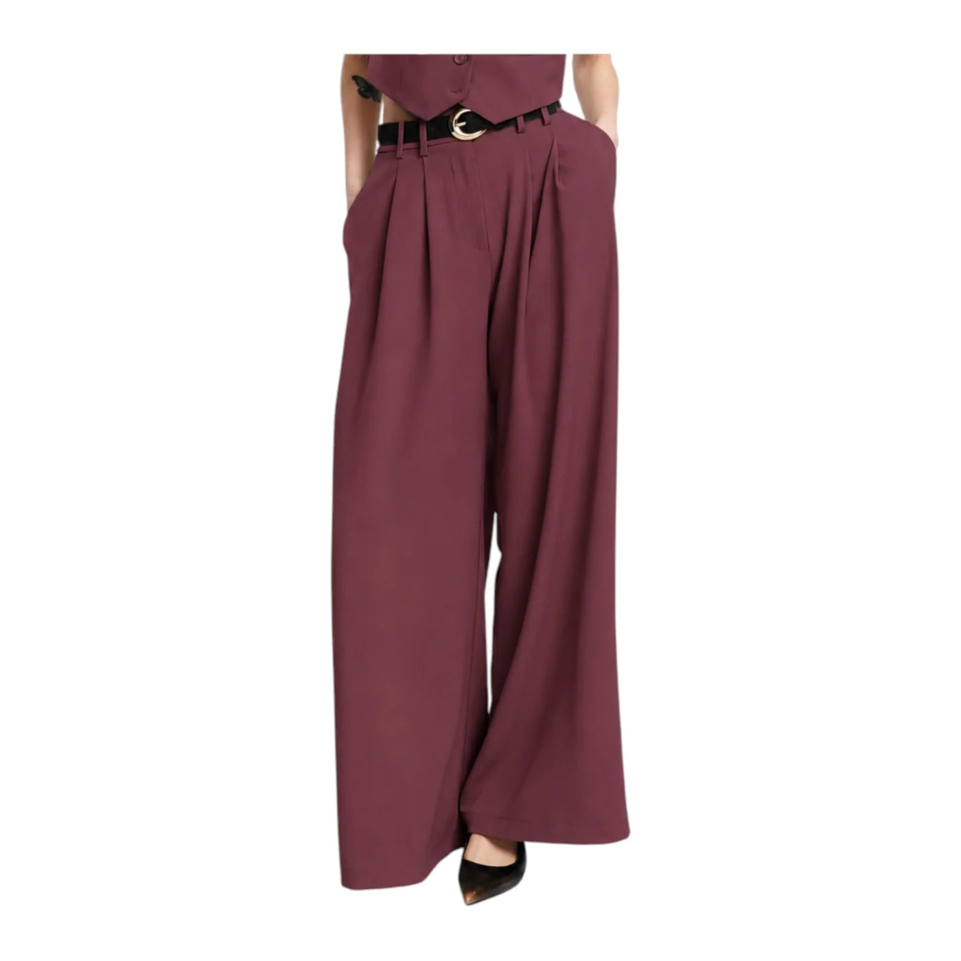 Pantaloni palazzo a vita alta con pinces donna bordeaux please