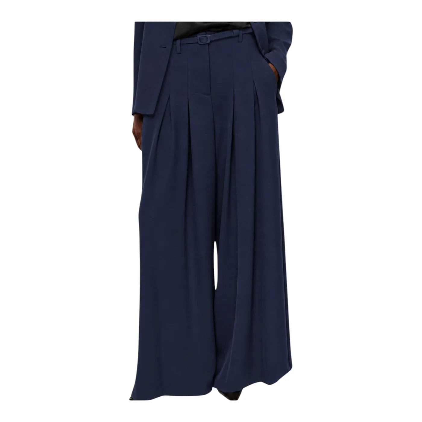 Pantaloni palazzo a vita alta con pinces e cintura donna blu imperial