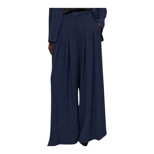 Pantaloni palazzo a vita alta con pinces e cintura donna blu imperial