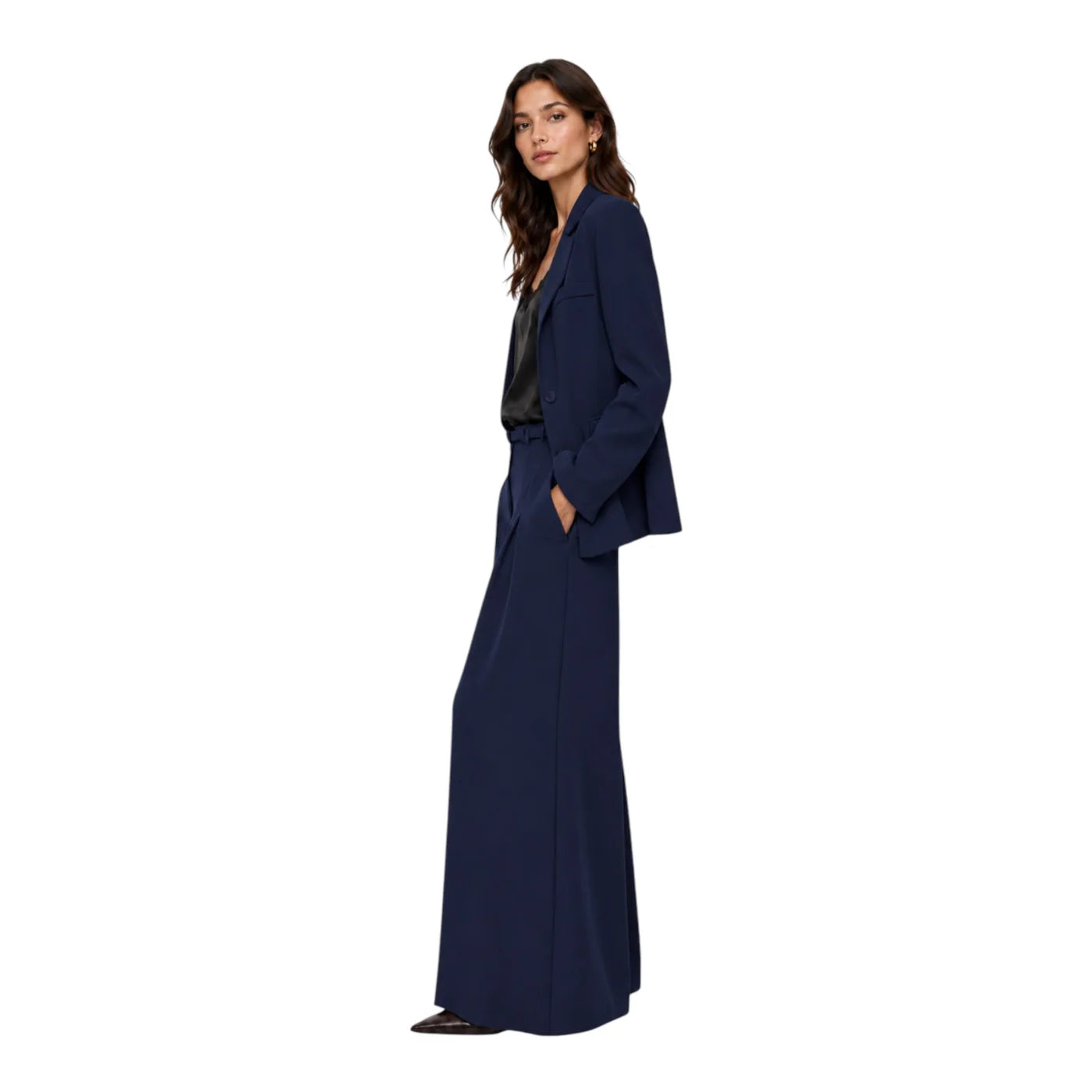 Pantaloni palazzo a vita alta con pinces e cintura donna blu imperial