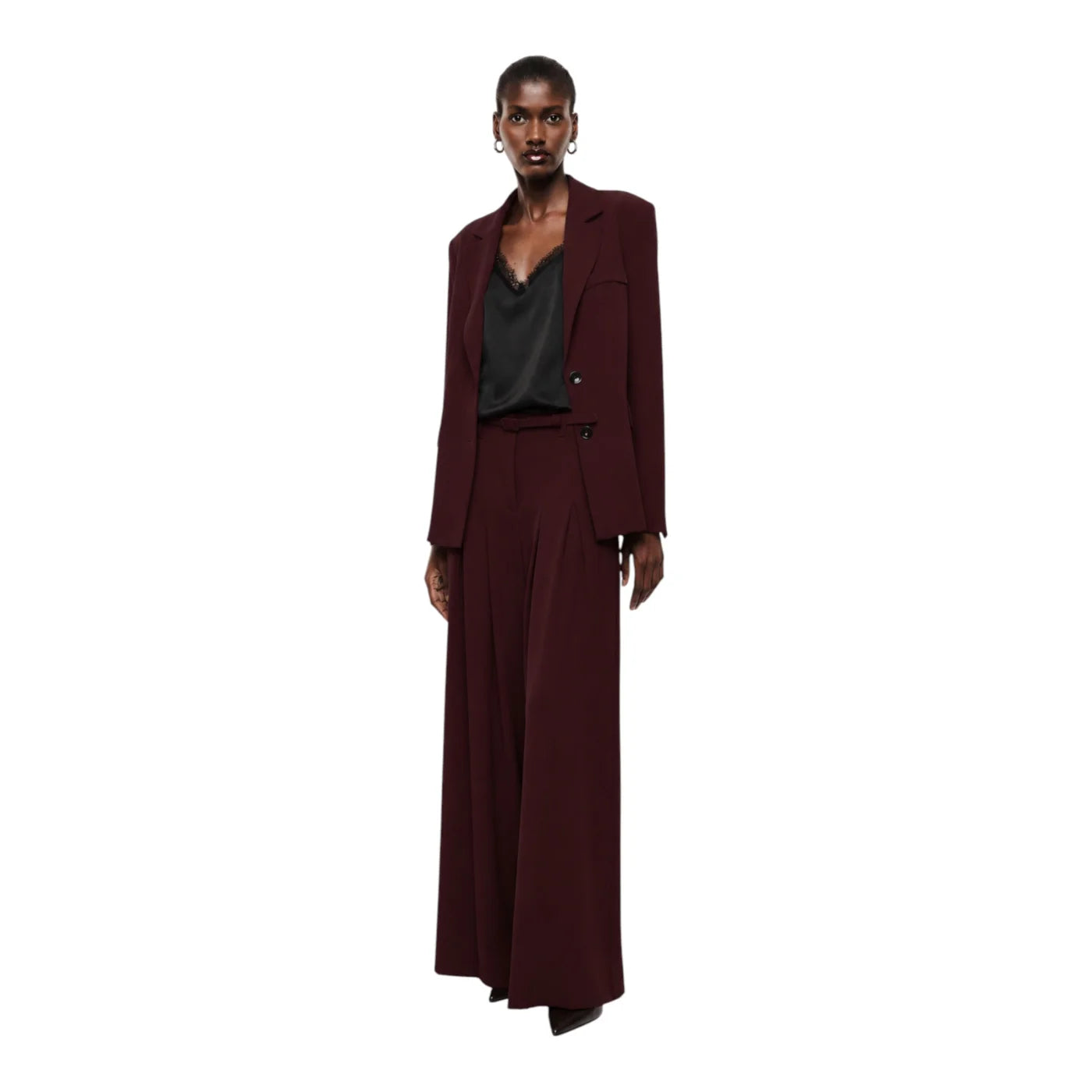 Pantaloni palazzo a vita alta con pinces e cintura donna bordeaux imperial