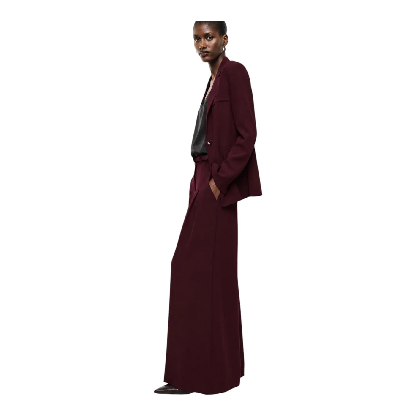 Pantaloni palazzo a vita alta con pinces e cintura donna bordeaux imperial