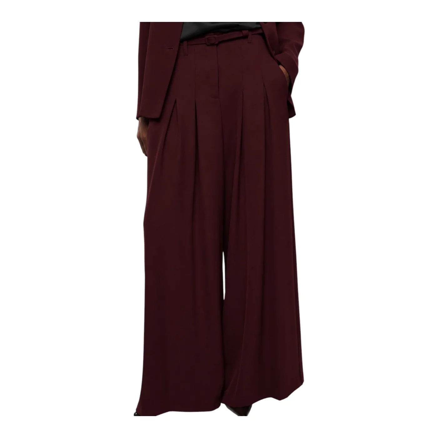 Pantaloni palazzo a vita alta con pinces e cintura donna bordeaux imperial