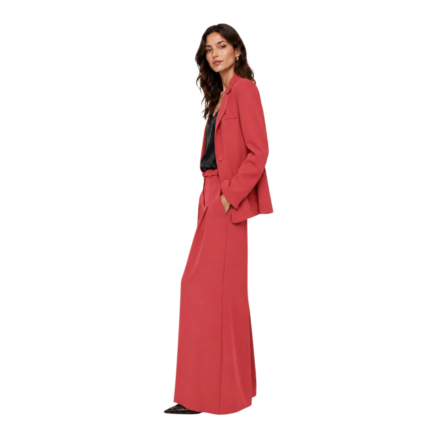 Pantaloni palazzo a vita alta con pinces e cintura donna rosa imperial