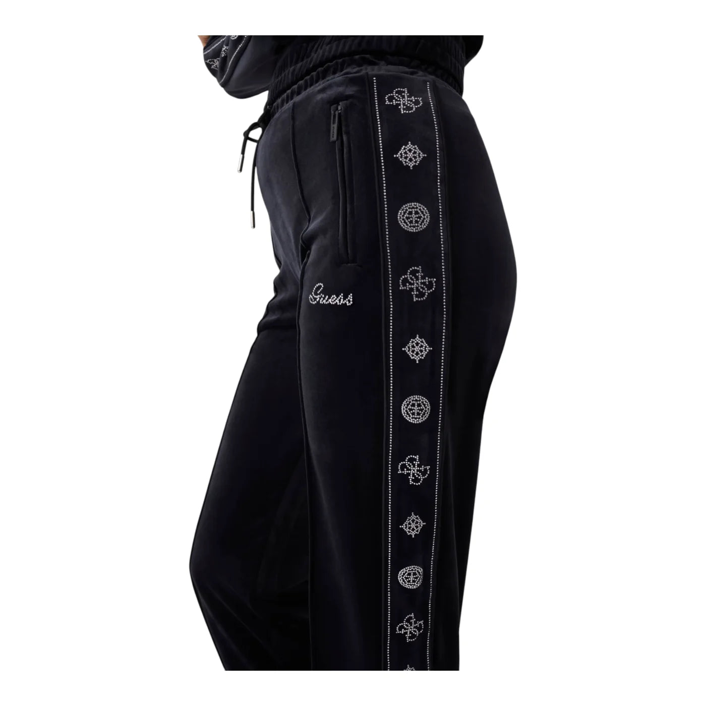 Pantaloni tuta in ciniglia con strass donna nero guess
