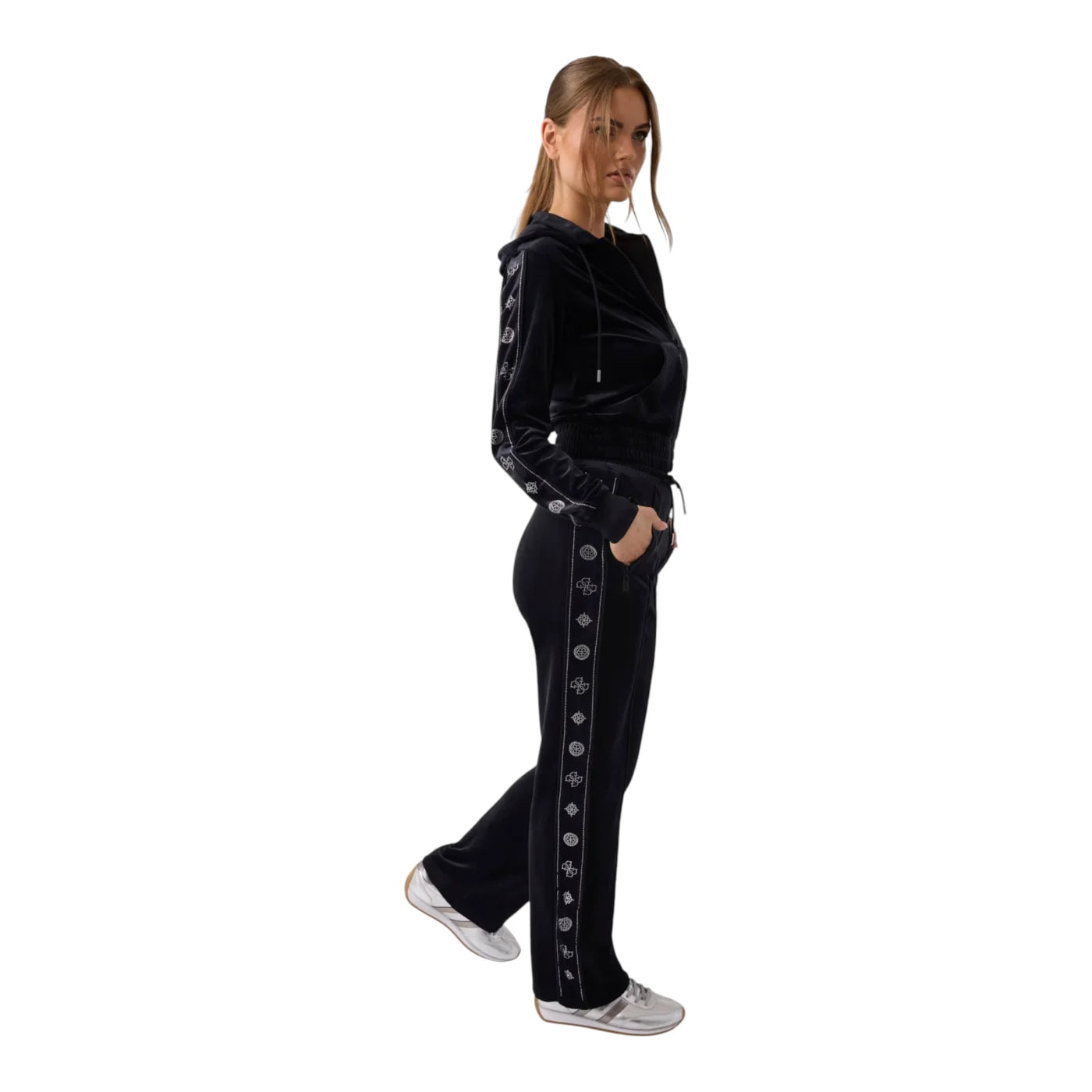 Pantaloni tuta in ciniglia con strass donna nero guess