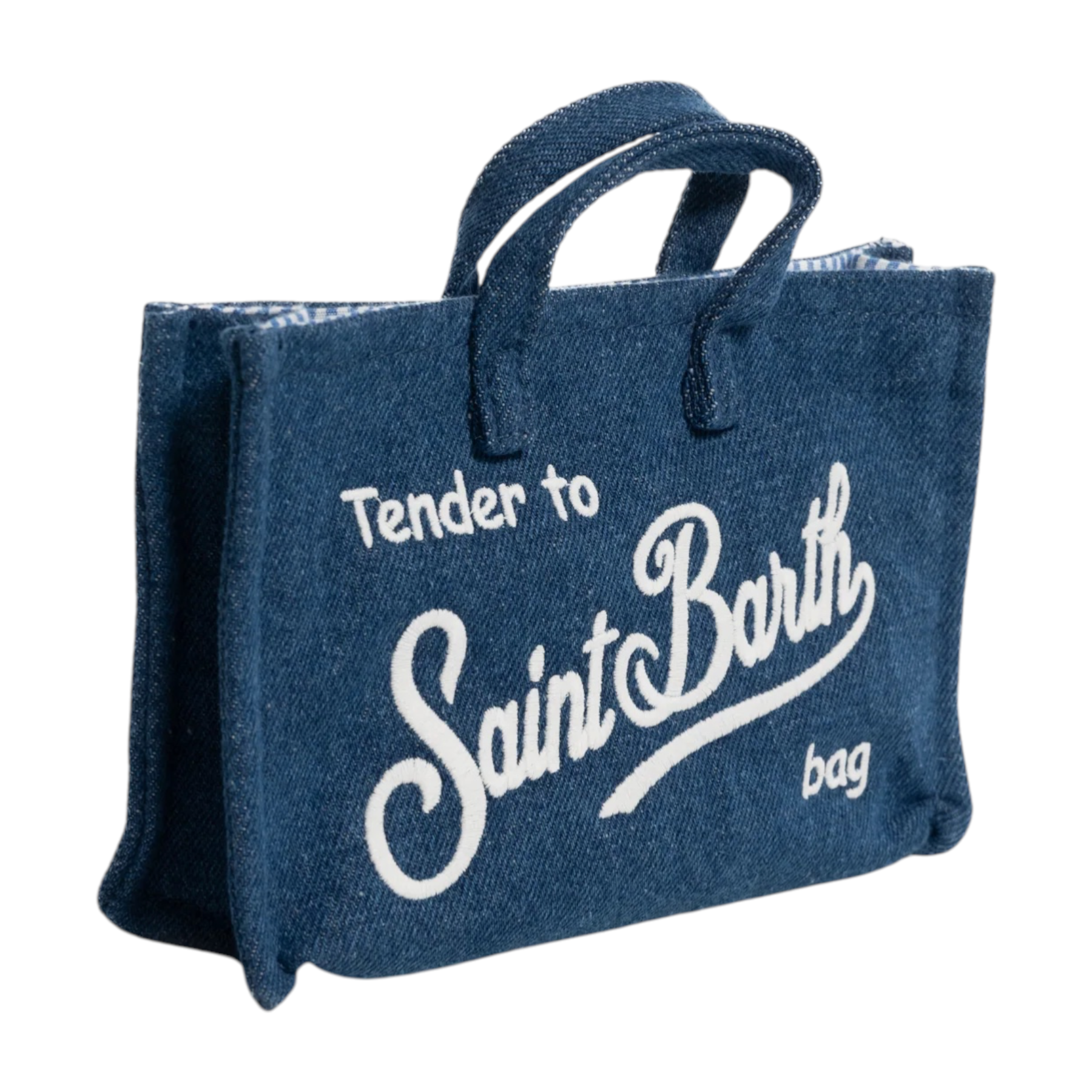 Denim tote bag blu con scritta bianca ricamata tender to saint barth e etichetta bag in lino donna blu mc2 saint barth