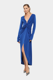 Abito lungo arricciato con spacco frontale donna blu imperial - abiti