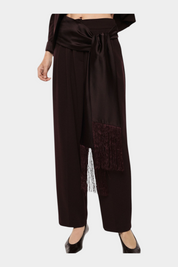 Pantaloni palazzo a vita alta con frange donna bordeaux imperial
