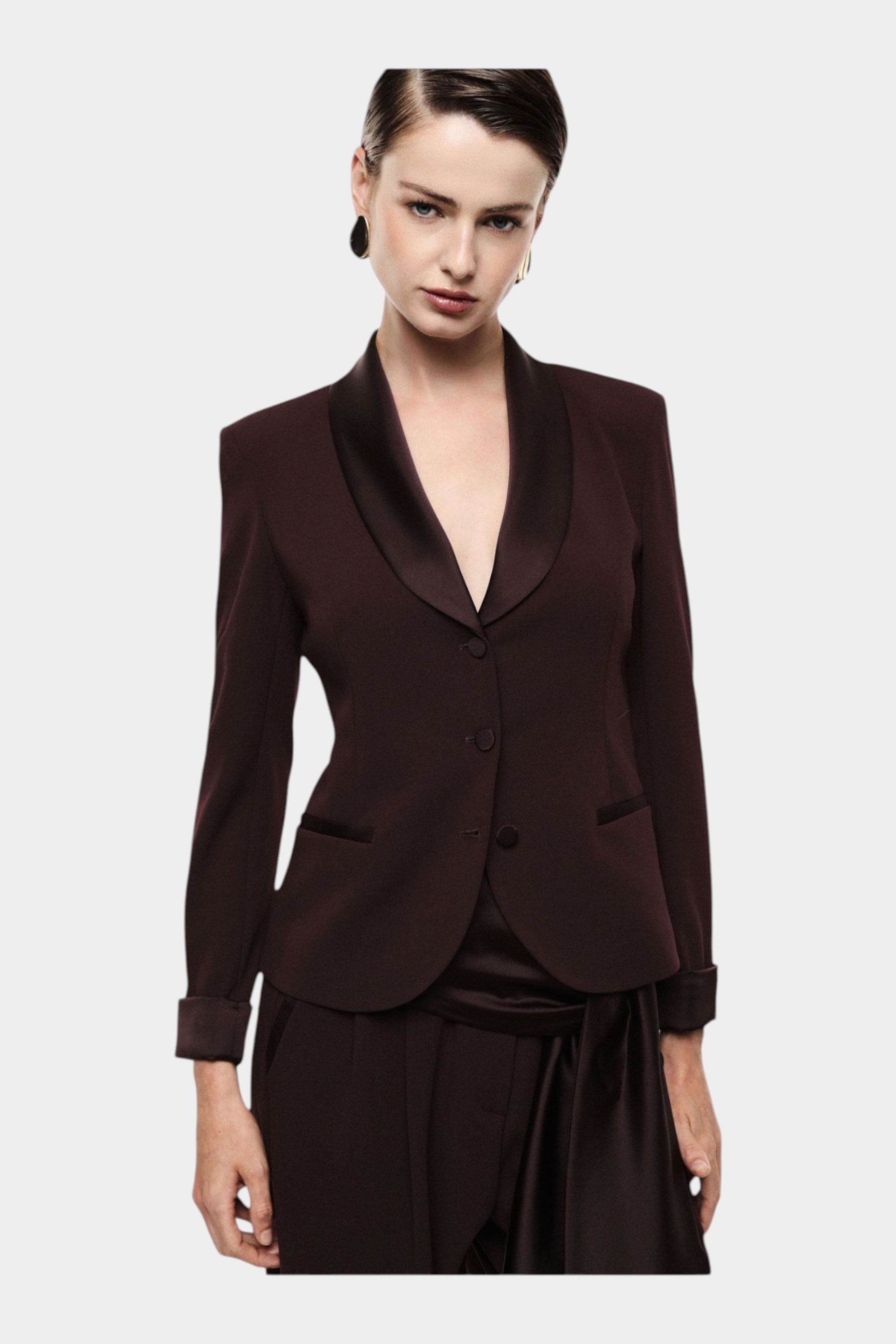 Blazer monopetto con revers a scialle e tasche donna bordeaux imperial