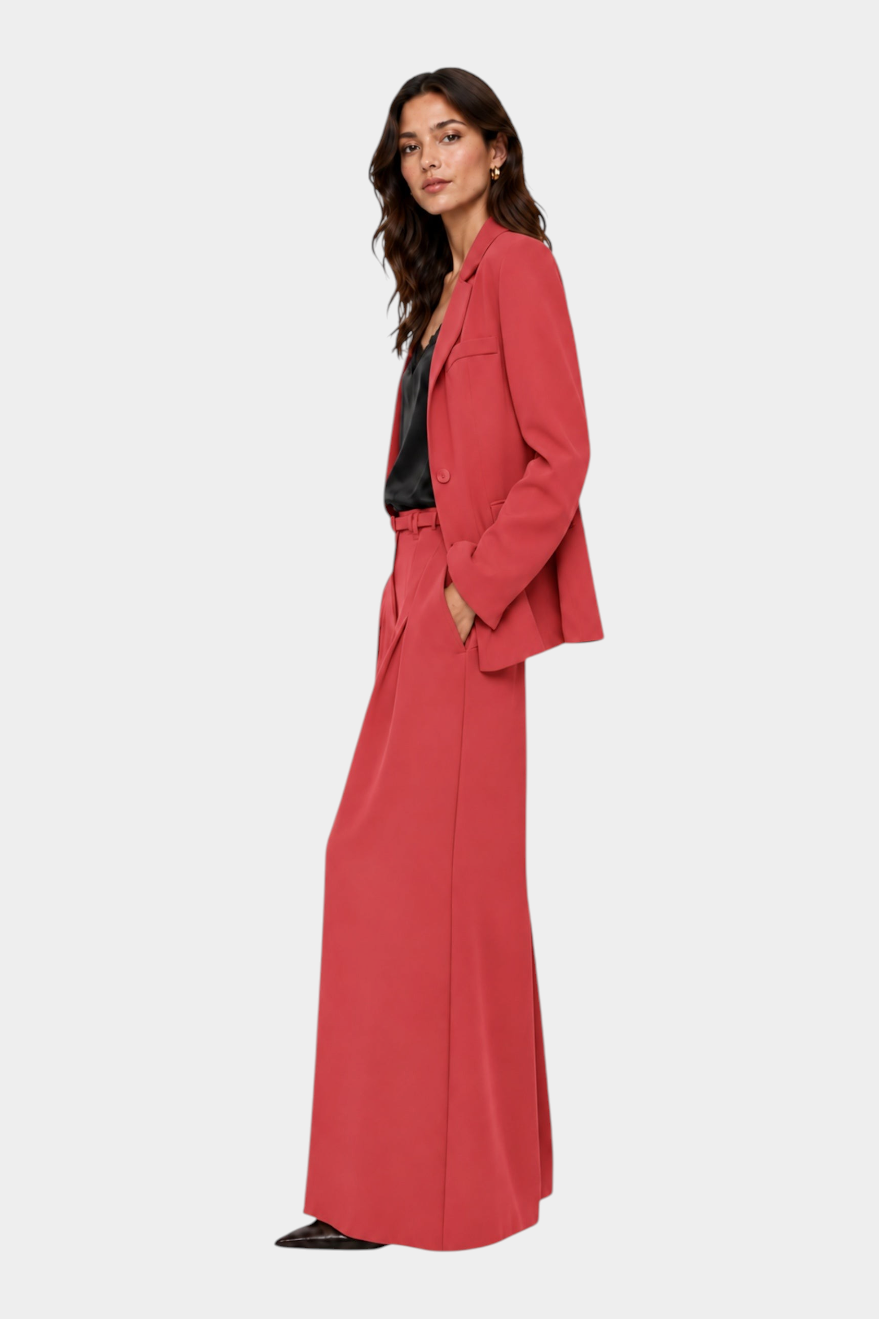 Pantaloni palazzo a vita alta con pinces e cintura donna rosa imperial