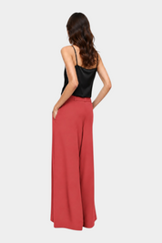 Pantaloni palazzo a vita alta con pinces e cintura donna rosa imperial