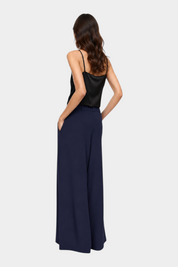 Pantaloni palazzo a vita alta con pinces e cintura donna blu imperial