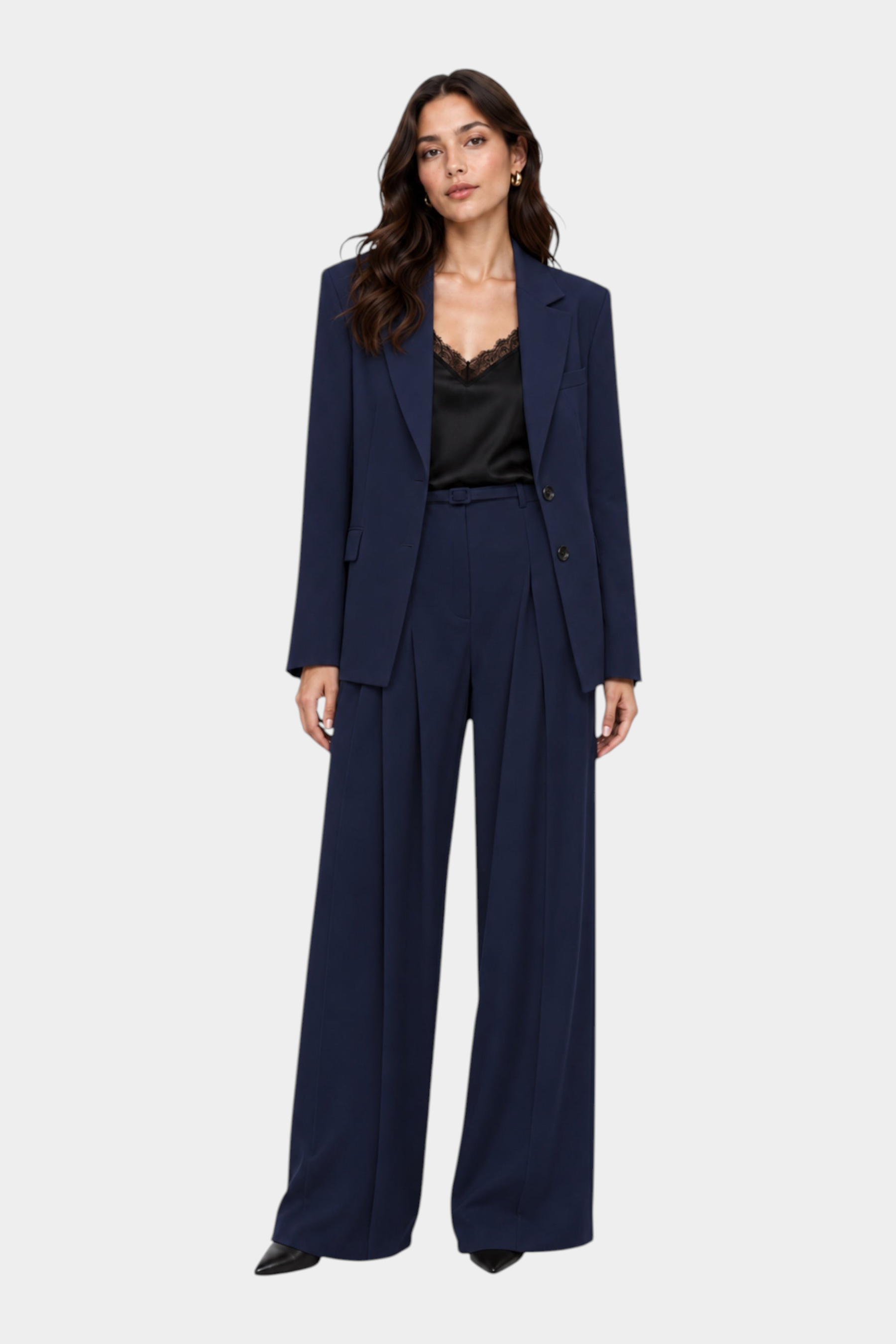 Pantaloni palazzo a vita alta con pinces e cintura donna blu imperial