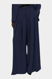 Pantaloni palazzo a vita alta con pinces e cintura donna blu imperial