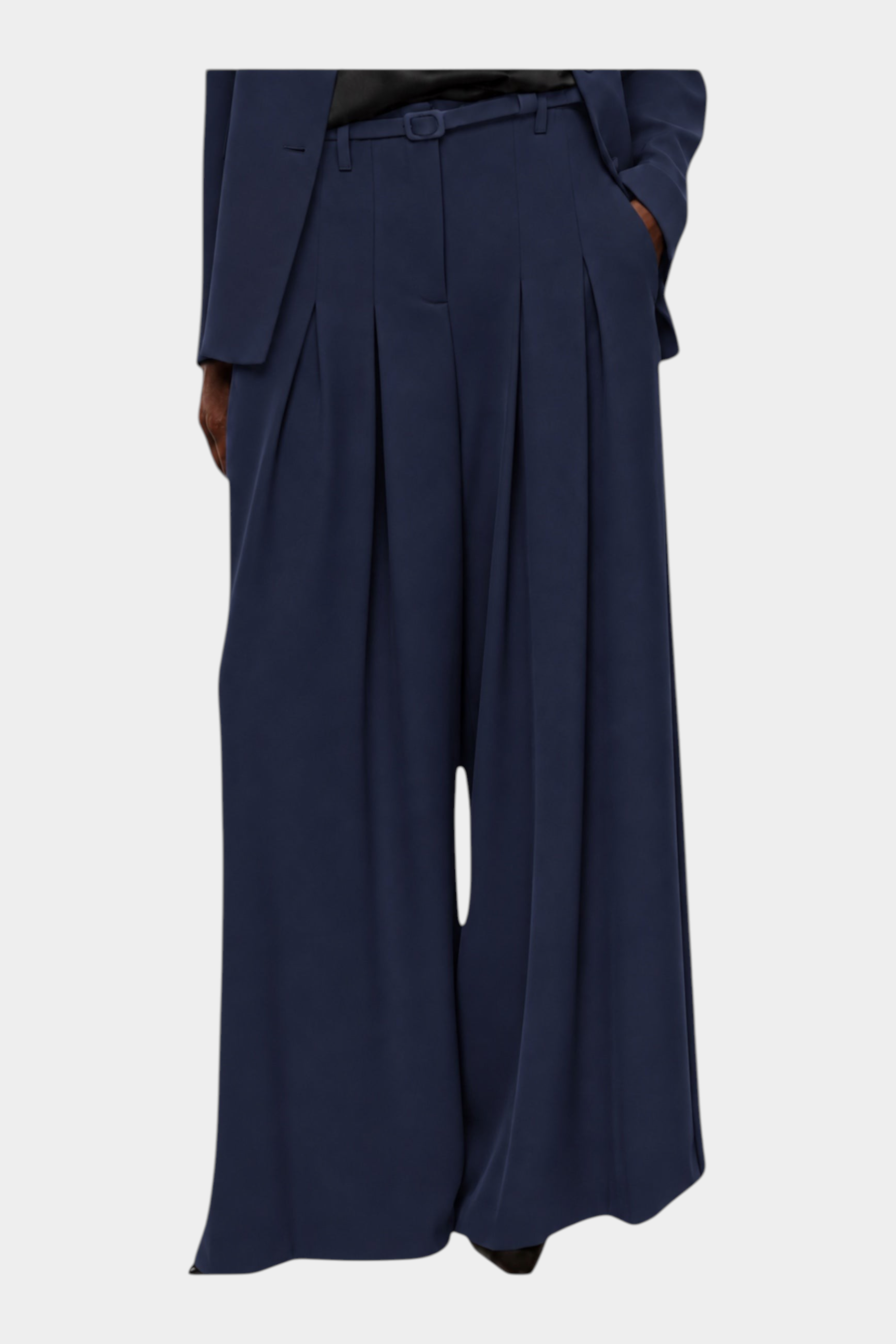Pantaloni palazzo a vita alta con pinces e cintura donna blu imperial