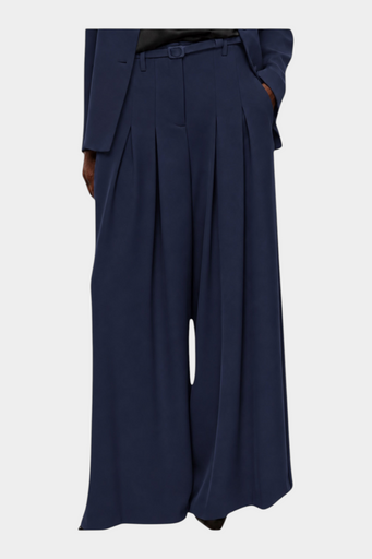 Pantaloni palazzo a vita alta con pinces e cintura donna blu imperial