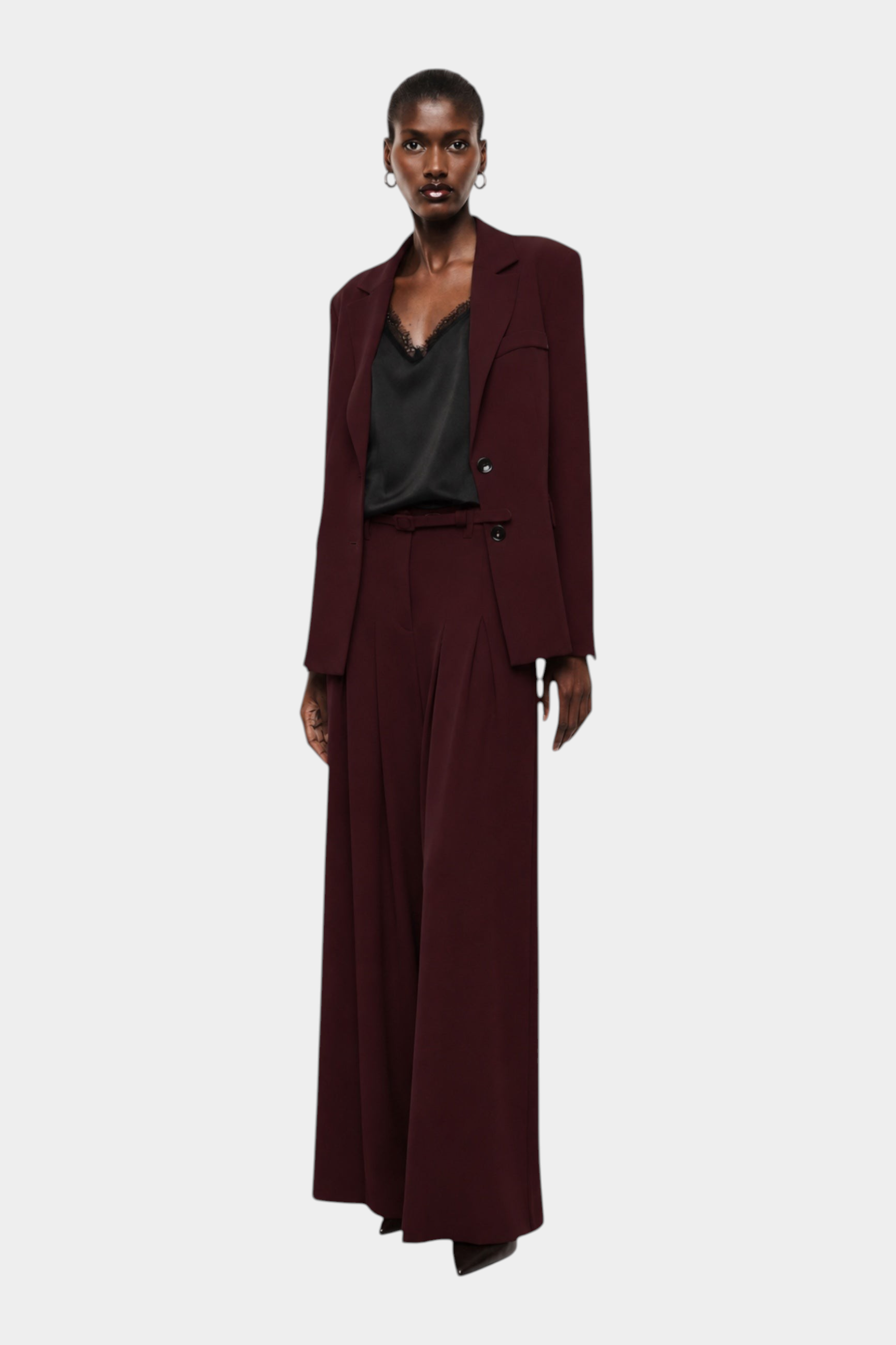Pantaloni palazzo a vita alta con pinces e cintura donna bordeaux imperial
