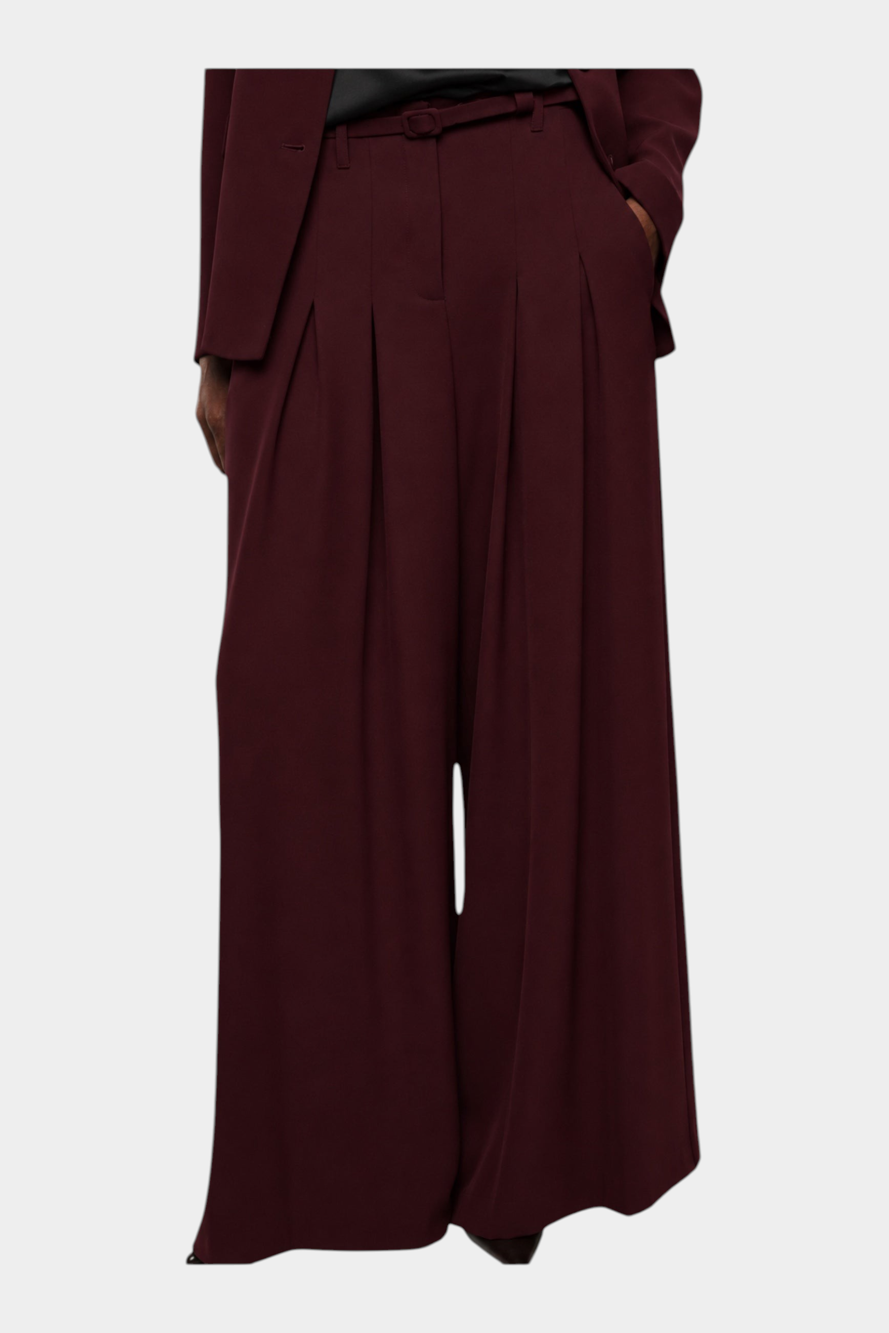 Pantaloni palazzo a vita alta con pinces e cintura donna bordeaux imperial