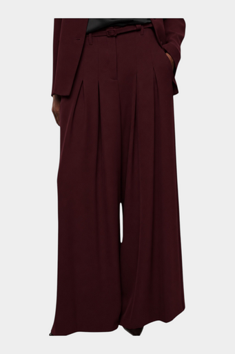 Pantaloni palazzo a vita alta con pinces e cintura donna bordeaux imperial
