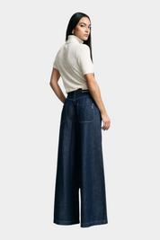 Jeans scuri a gamba molto ampia vita media donna blu please