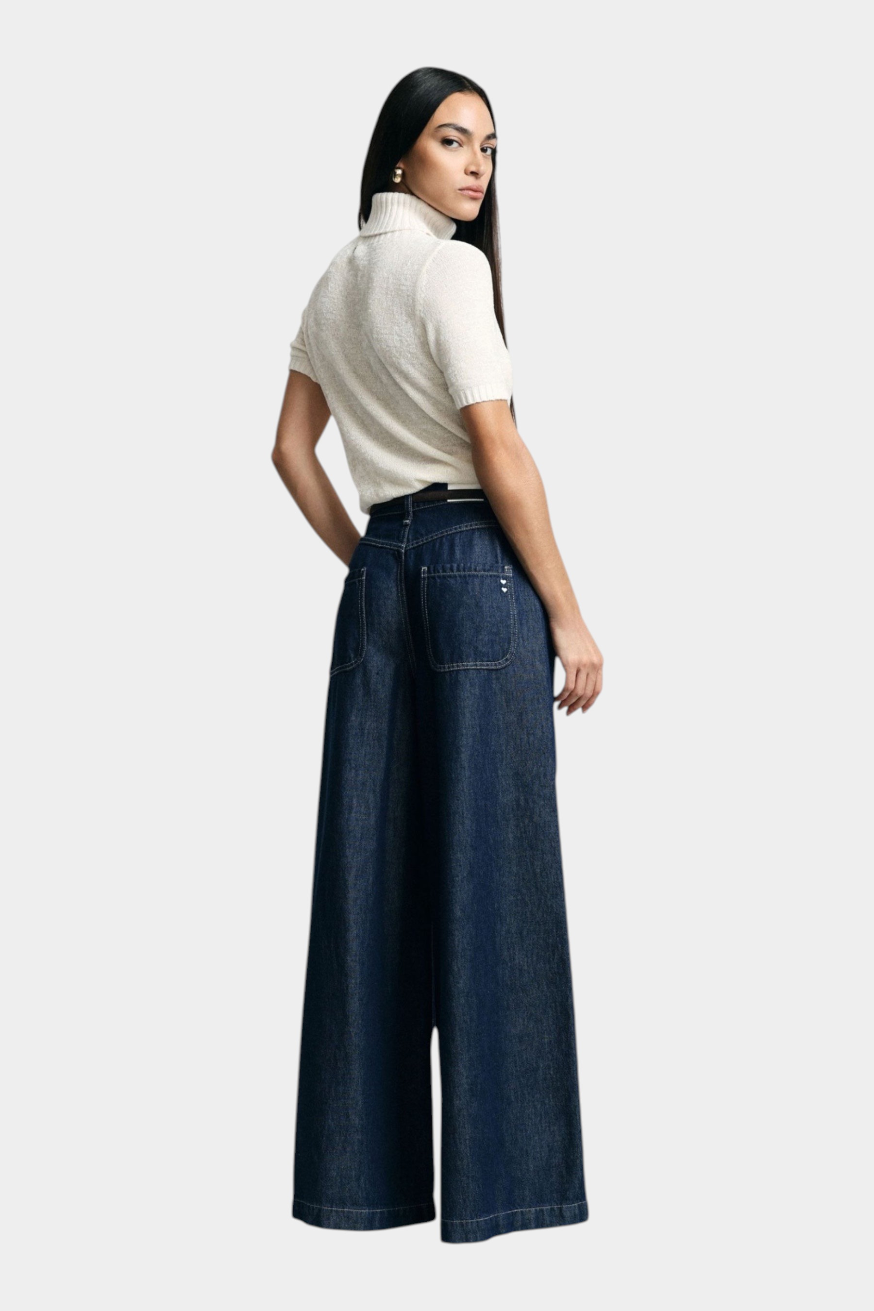 Jeans scuri a gamba molto ampia vita media donna blu please