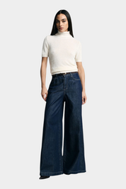Jeans scuri a gamba molto ampia vita media donna blu please