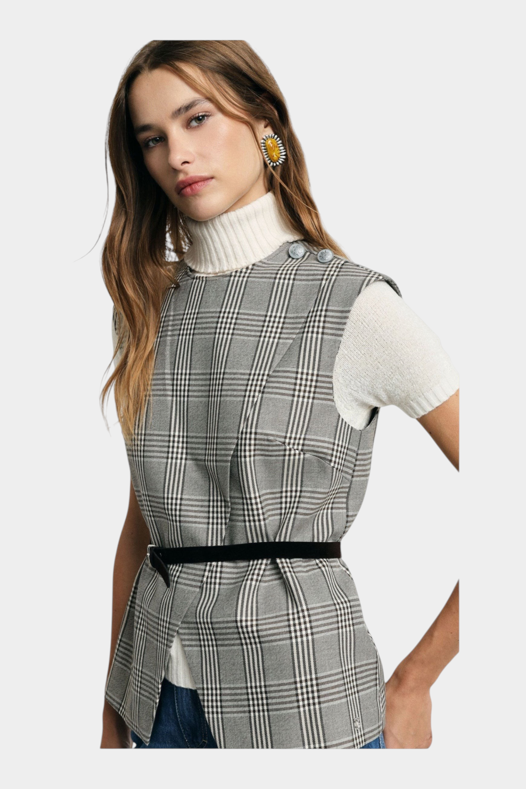 Gilet scozzese con cintura sottile e zip donna grigio please