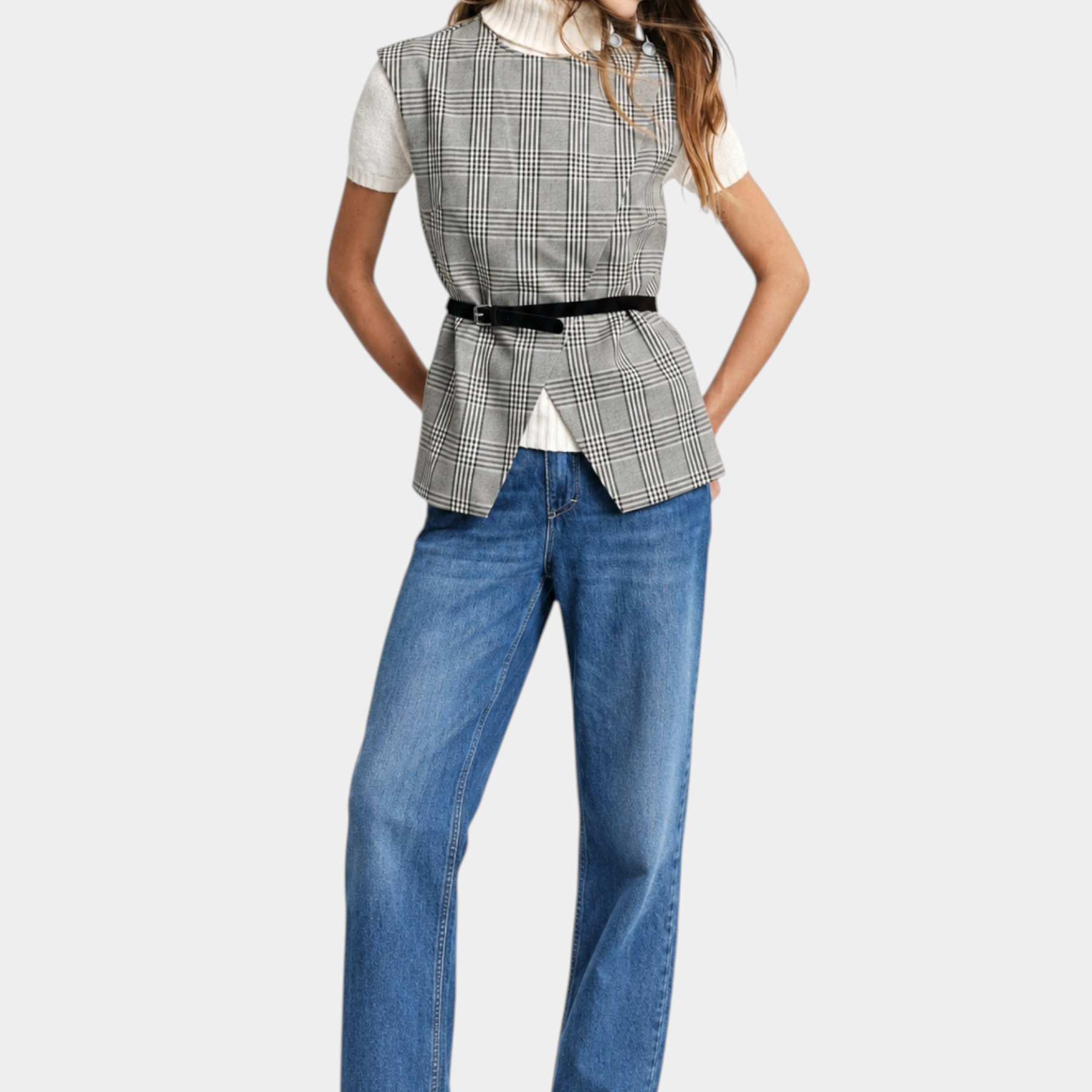Gilet scozzese con cintura sottile e zip donna grigio please