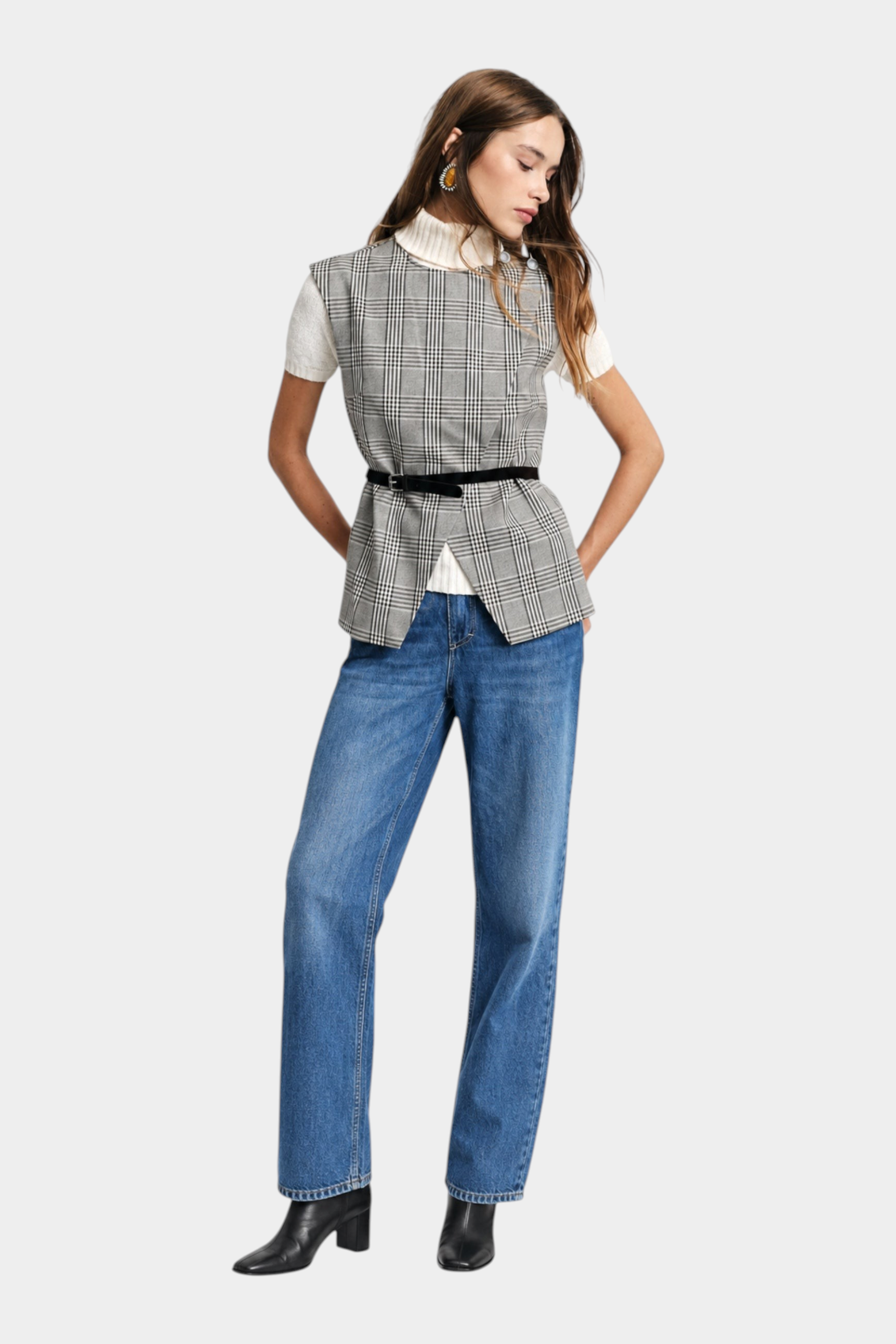 Gilet scozzese con cintura sottile e zip donna grigio please