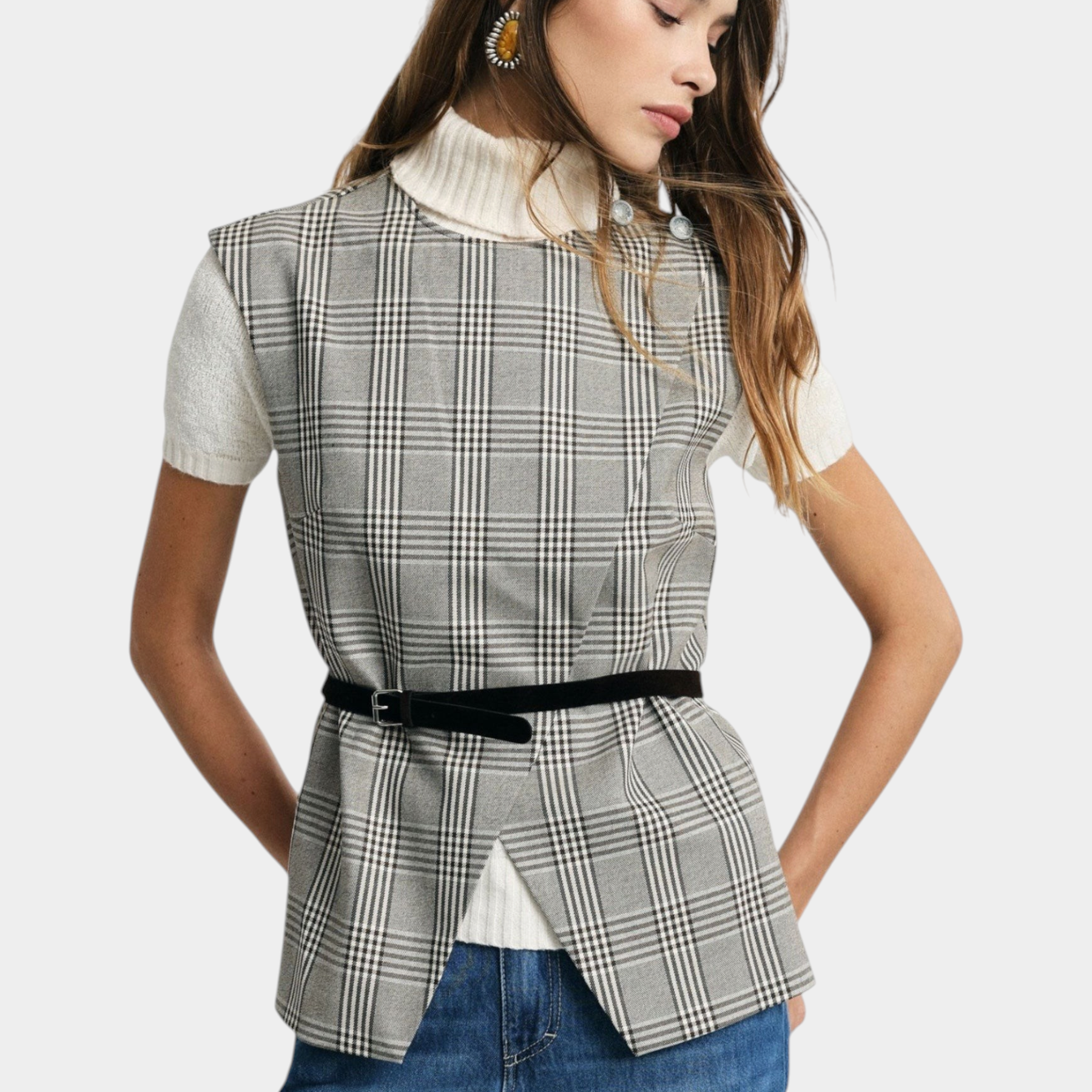 Gilet scozzese con cintura sottile e zip donna grigio please