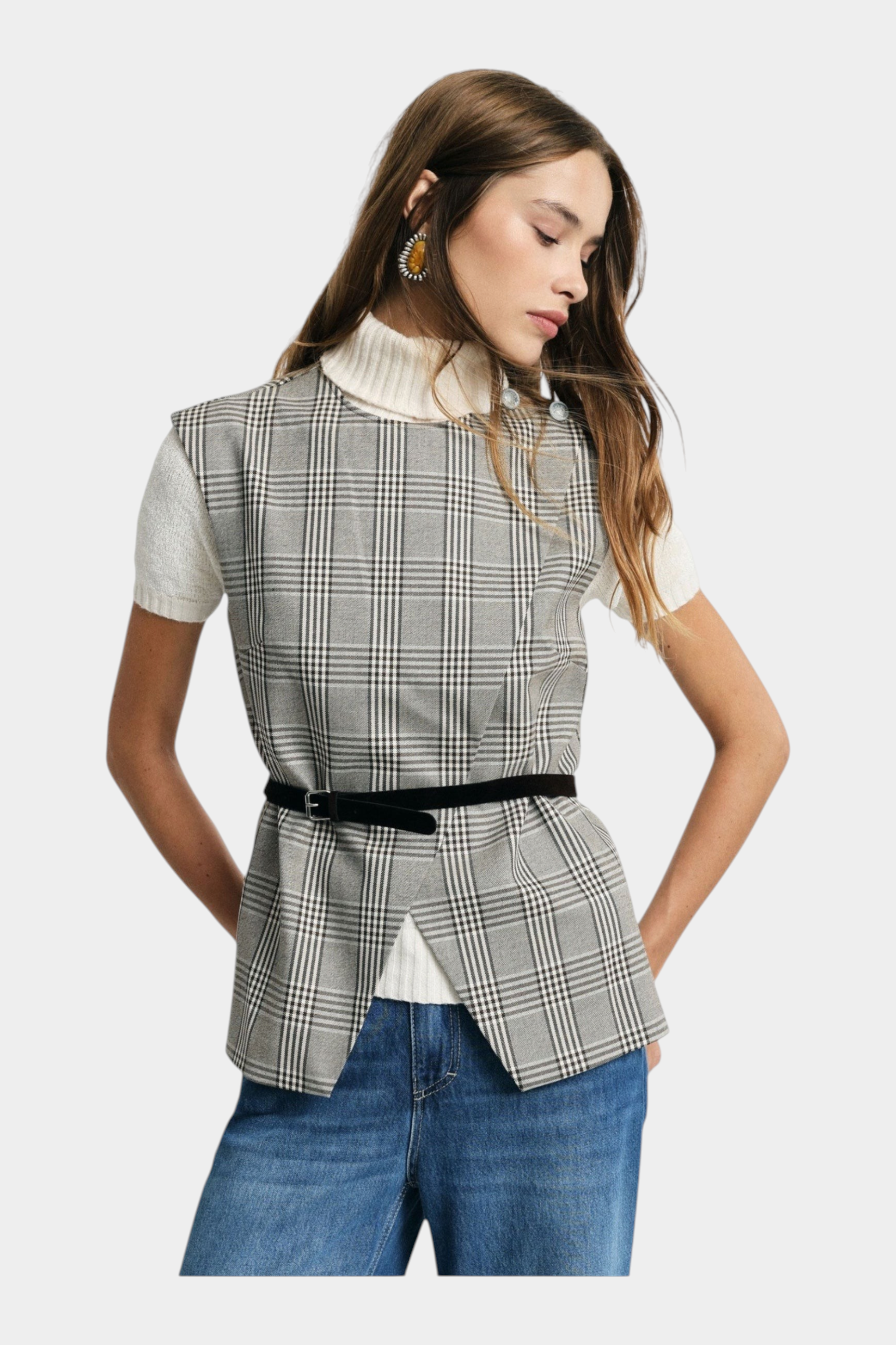 Gilet scozzese con cintura sottile e zip donna grigio please