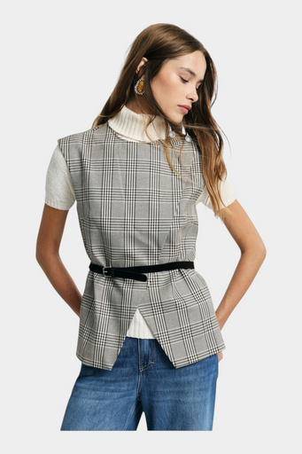 Gilet scozzese con cintura sottile e zip donna grigio please