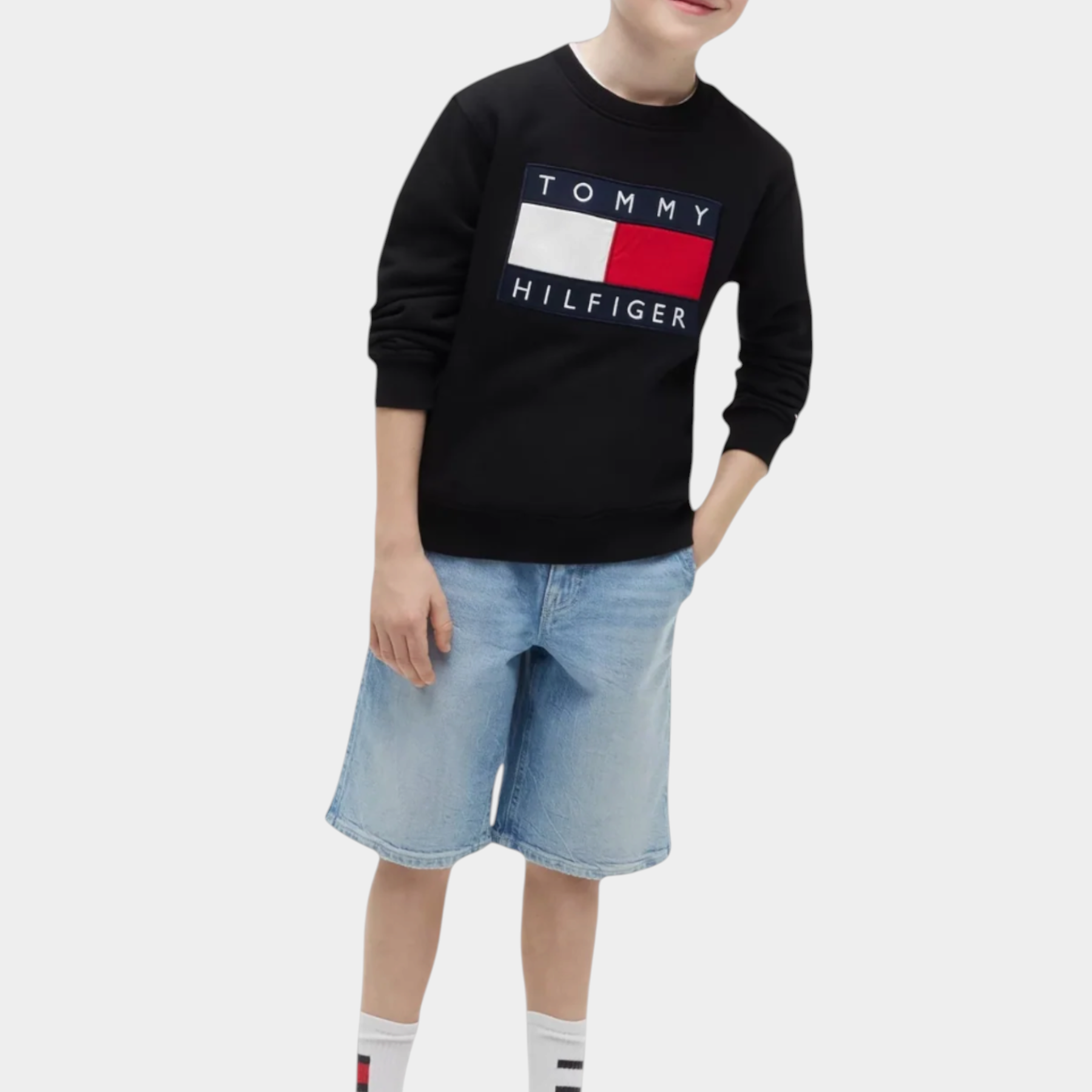 Felpa girocollo maxi logo bambino nero tommy hilfiger - felpe