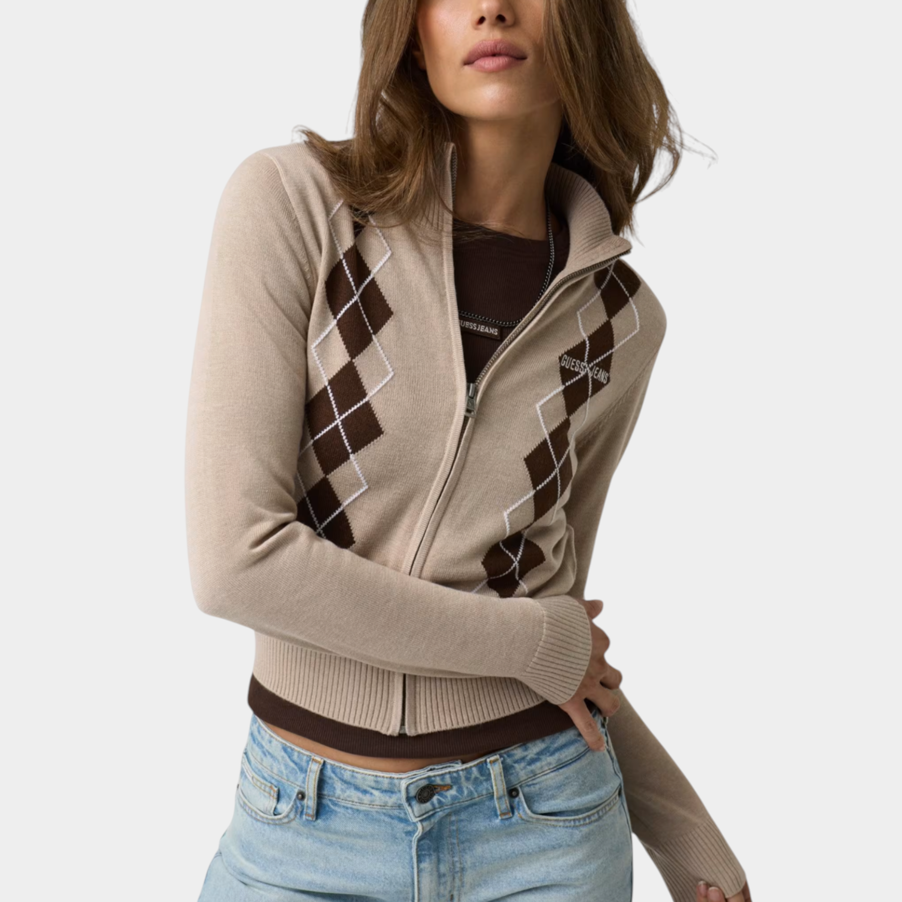 Maglione con zip e lavorazione intarsiata donna beige guess - maglie