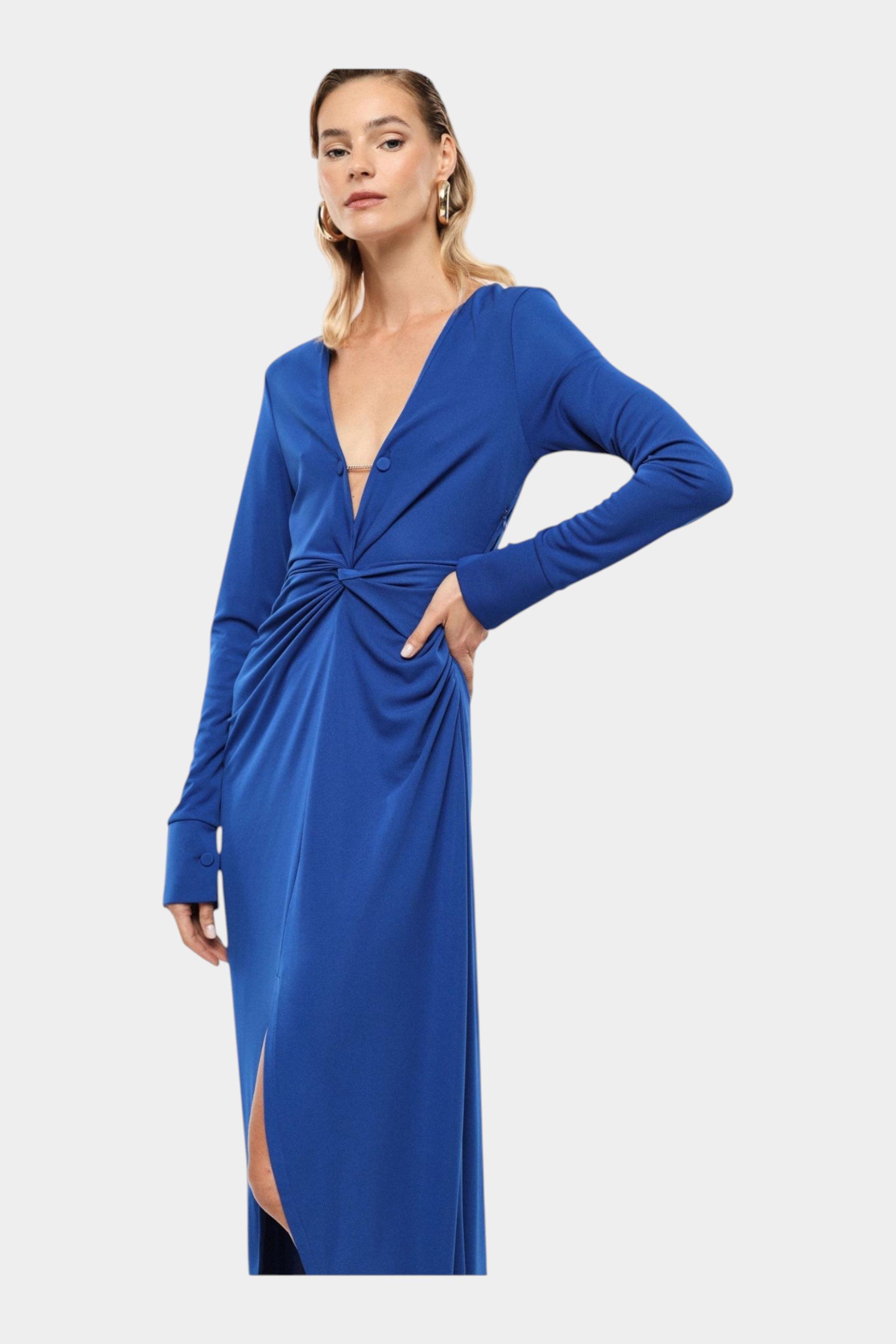 Abito lungo arricciato con spacco frontale donna blu imperial - abiti