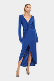 Abito lungo arricciato con spacco frontale donna blu imperial - abiti