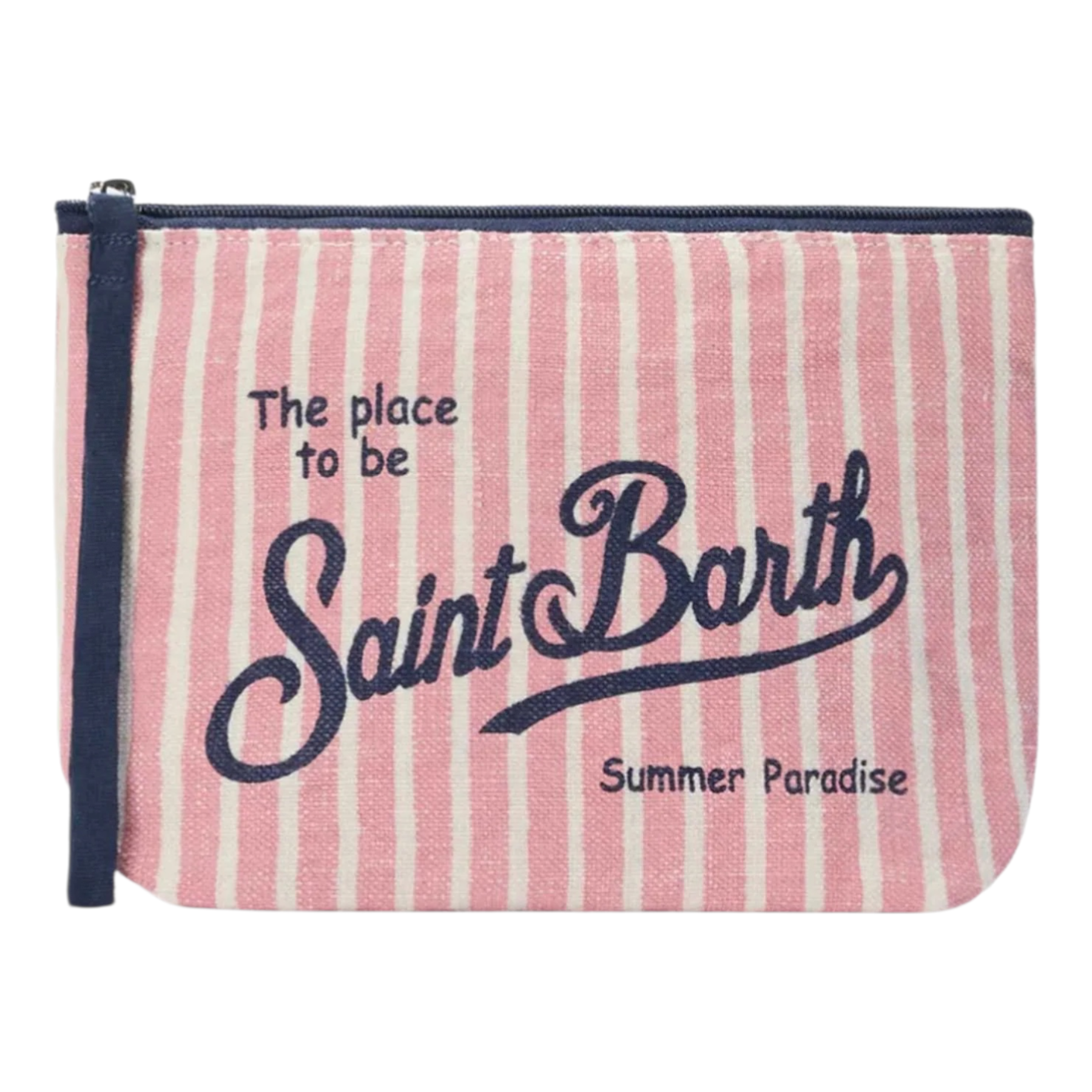 Pochette aline in lino con fantasia a righe rosa e bianco con zip blu e scritta saint barth summer paradise