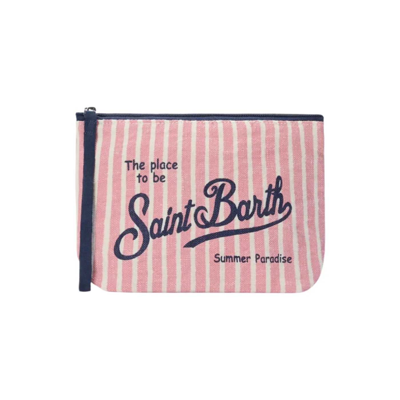 Pochette aline in lino con fantasia a righe rosa e bianco con zip blu e scritta saint barth summer paradise