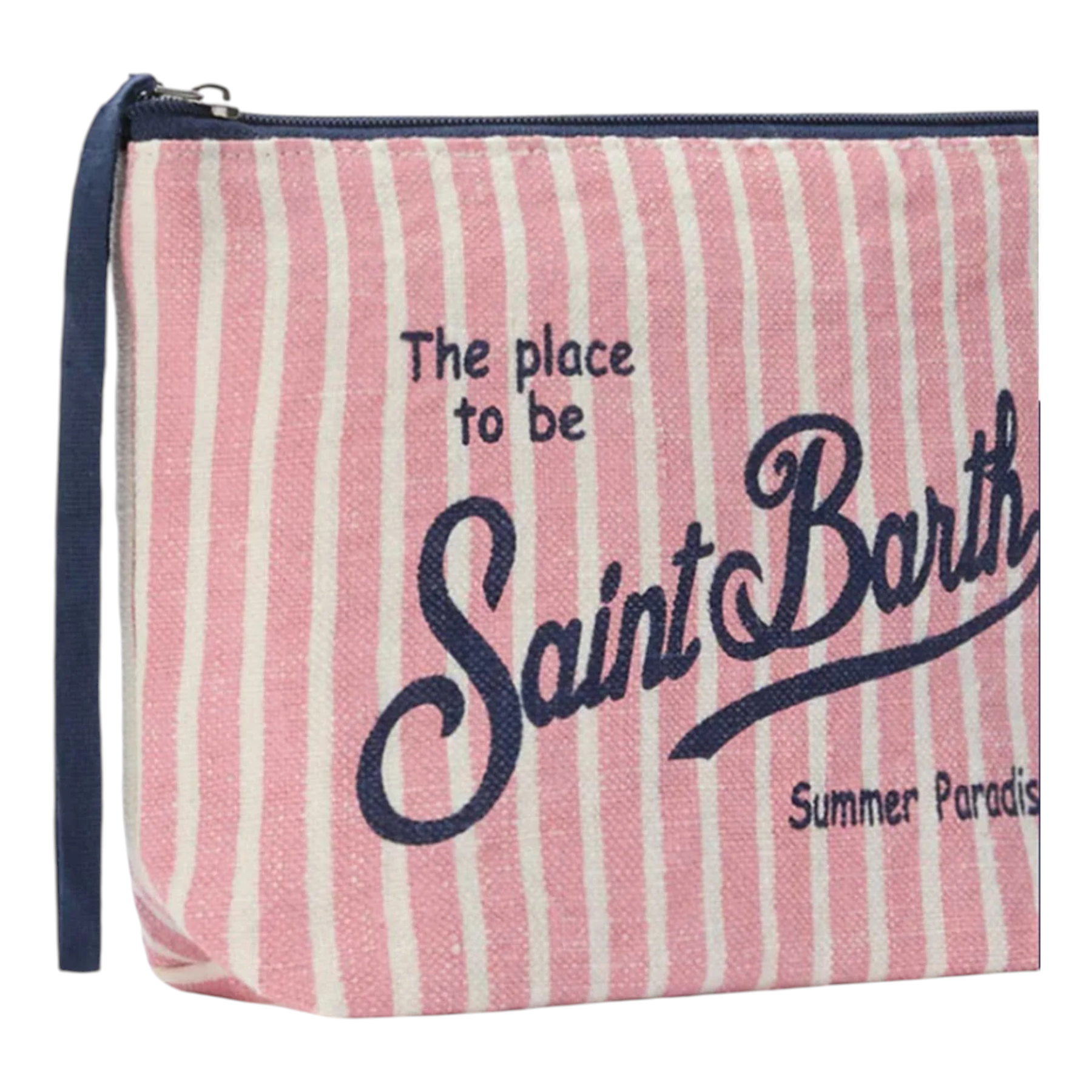 Pochette aline in lino rosa con fantasia a righe bianche e rosa, zip blu navy e scritta saint barth summer paradise