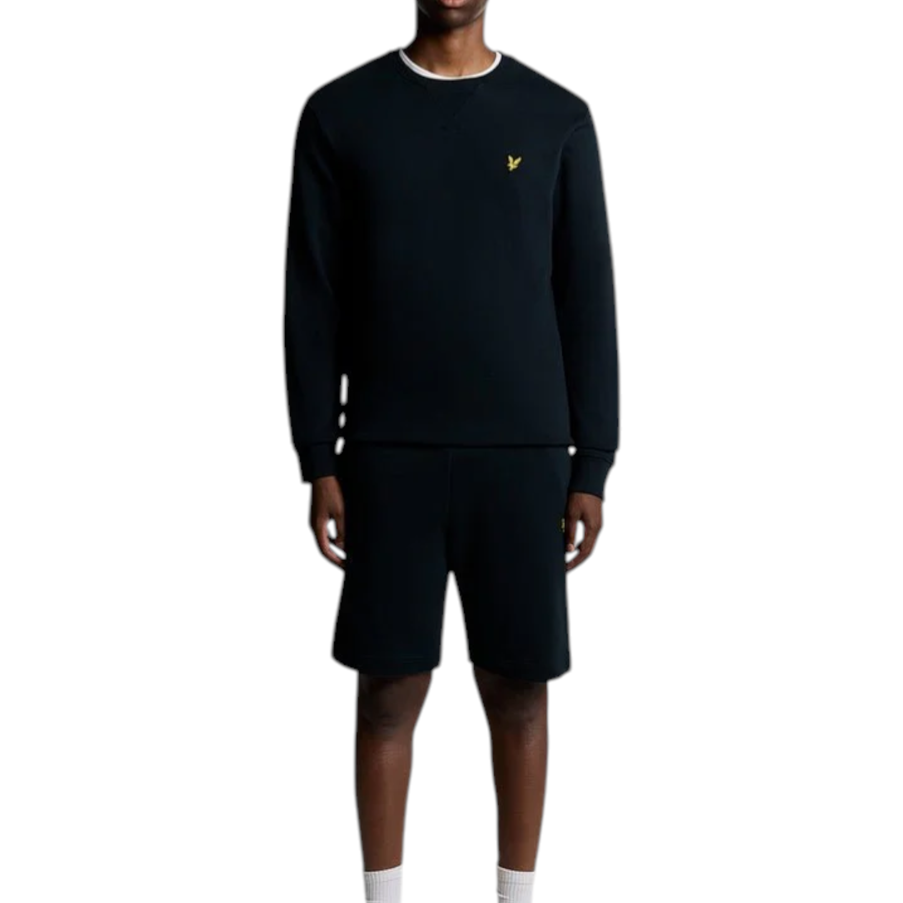 Felpa nera uomo in cotone con collo costina bianco e logo uccellino giallo lyle e scott